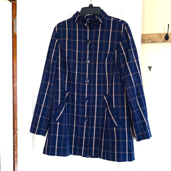 Liz Claiborne New York Navy Plaid Twill Portrait Neck Coat size Medium - Picture 1 of 5